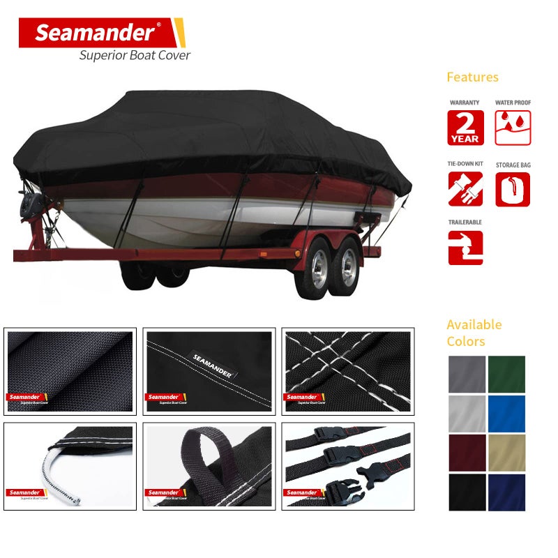 Seamander Waterproof Boat Cover, Solution-Dyed Yarn Marine Grade Cover Fits 14' to 16' ft Bass, V-Hull, Tri-Hull, Fish & Ski, Runabout Bowrider Boats - Heavy Duty Canvas Black 90"" Width - Image 2
